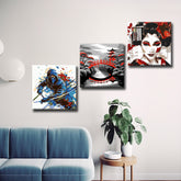 3-teilige Kunstvolle Asiatische Darstellungen auf Leinwand – Beeindruckende Galeriewandkunst