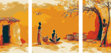 Malen nach Zahlen Afrika Dorf in Steppe Alltag - 3-teilig (Triptychon)