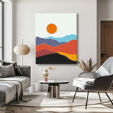 Malen nach Zahlen Kunst Minimalismus Sonne über farbigen Bergen