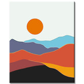 Malen nach Zahlen Kunst Minimalismus Sonne über farbigen Bergen