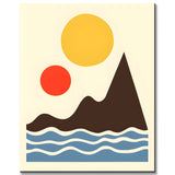 Malen nach Zahlen Kunst Minimalismus gelbe Sonne, Wellen und bunte Berge