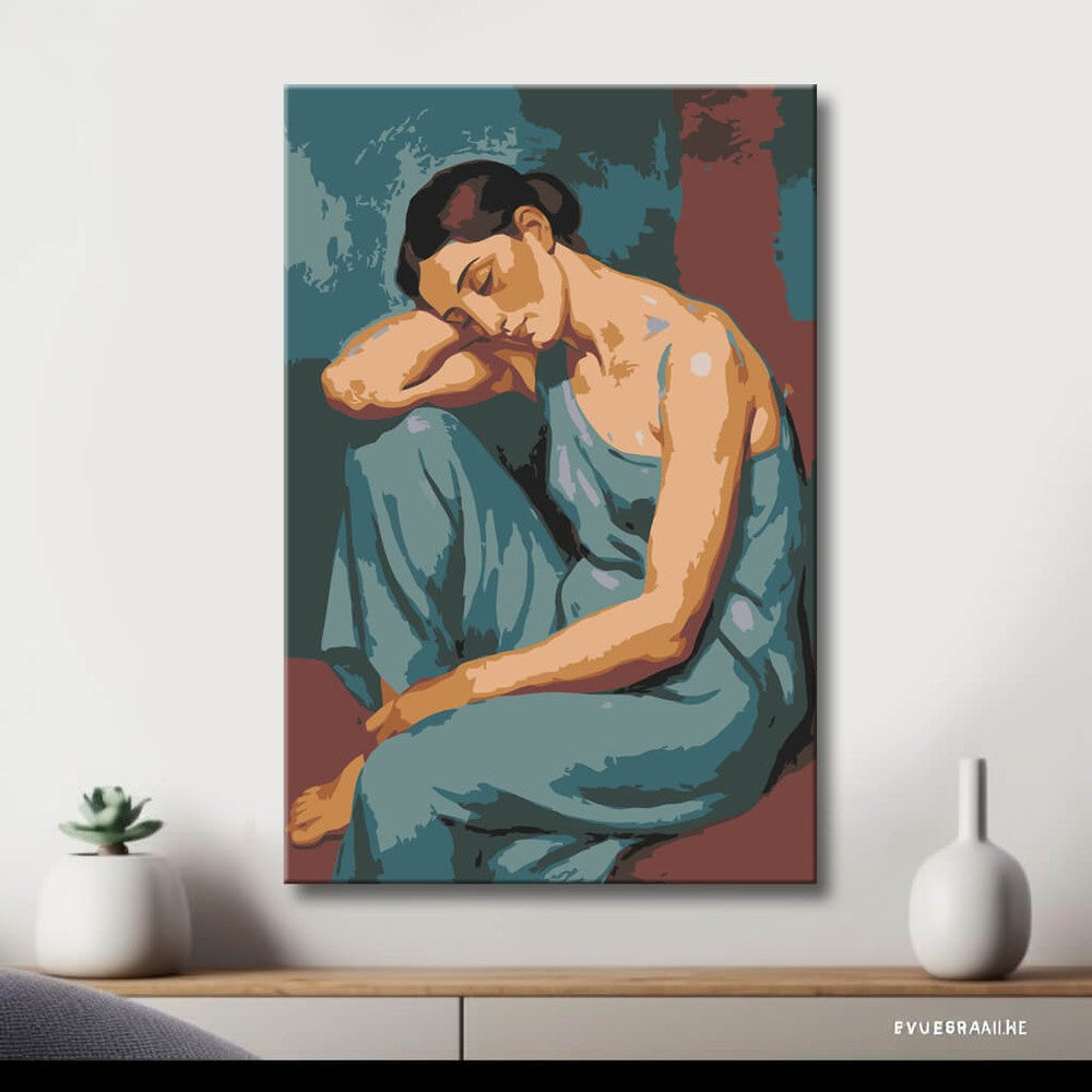 Akt Frau sitzend blau Kleid nachdenklich DIY Kunst Deko modernes Wandbild