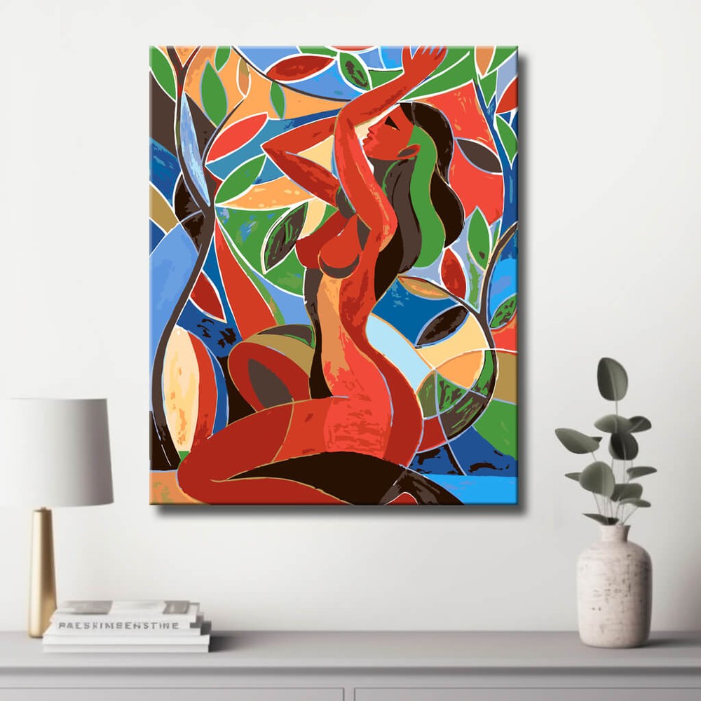 Akt Frau rot bunt Blätter abstrakt DIY Kunst Deko modernes Wandbild