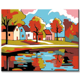 Malen nach Zahlen Kunst Illustration Herbst Bäume Reflektion im Wasser