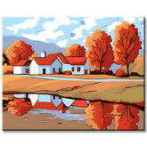 Malen nach Zahlen Kunst Illustration Herbstlandschaft bunte Häuser