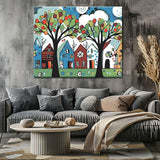 Malen nach Zahlen Kunst Bäume vor bunten Häusern