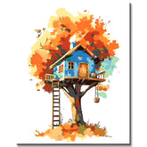 Malen nach Zahlen Kunst Illustration Blaues Baumhaus im roten Baum