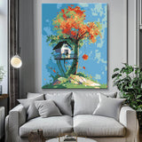 Malen nach Zahlen Kunst Illustration gelber Baum mit rosa Baumhaus