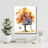 Malen nach Zahlen Kunst Illustration herbstfarbener Baum mit blauem Baumhaus
