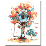 Malen nach Zahlen Kunst Illustration Blaues Baumhaus Herbst