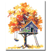 Malen nach Zahlen Kunst Illustration herbstfarbener Baum mit blauem Baumhaus