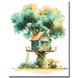 Malen nach Zahlen Kunst Illustration violetter Baum mit rotem Baumhaus