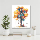 Malen nach Zahlen Kunst Illustration mehrere Baumhäuser im gelben Baum