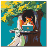Malen nach Zahlen Kunst Illustration Eichhörnchen mit Laptop im Baum