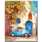 Malen nach Zahlen Kunst Illustration Steinvase mit Obst und Auto