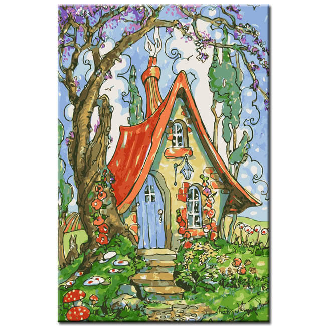 Malen nach Zahlen Kunst Illustration Haus mit Weg im Sommer