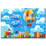 Malen nach Zahlen Kunst Illustration Kreativ Fische und Heißluftballon über der Stadt