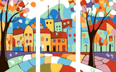 Malen nach Zahlen Folkart Illustration Stadt Land 3-teilig
