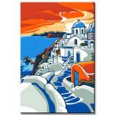 Malen nach Zahlen Santorini mit weißen Häusern und blauen Dächern