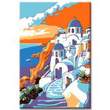 Malen nach Zahlen Kunst Landschaft Meer von Griechenland mit weißen Häusern und blauen Dächern