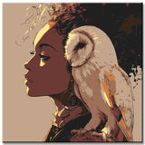 Malen nach Zahlen Kunst Frau mit weißer Eule auf Schulter