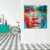 Malen nach Zahlen Kunst Lifestyle Frau halb rot farbiges und halb blaugrün farbiges Gesicht 4-teilig