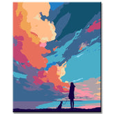 Malen nach Zahlen Kunst Natur Mädchen mit Hund und exotischen Wolken