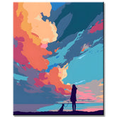 Malen nach Zahlen Kunst Natur Mädchen mit Hund und exotischen Wolken