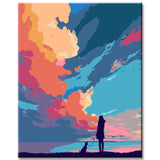 Malen nach Zahlen Kunst Natur Mädchen mit Hund und exotischen Wolken