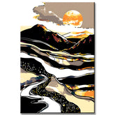 Malen nach Zahlen Kunst Natur goldene Sonne hinter weißem Berg