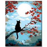 Malen nach Zahlen Kunst Tier Katze sitzt auf einem Ast mit roten Blättern