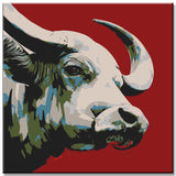 Malen nach Zahlen Kunst Tier Weißer Stier auf rotem Hintergrund