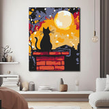 Malen nach Zahlen Schwarze Katze bei Nacht auf dem Hausdach