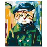 Malen nach Zahlen Katze in Uniform Grüner Mantel Blaue Mütze