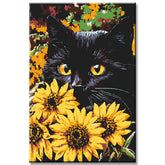 Malen nach Zahlen Schwarze Katze Kunst im Portrait Sonnenblumen