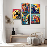 Exklusive Pop-Art Tierporträts Bunte und Ausdrucksstarke GaleriewandKunst, 5-teilig