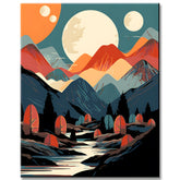 Malen nach Zahlen - Minimalistische Landschaft mit Bergszene in der Nacht