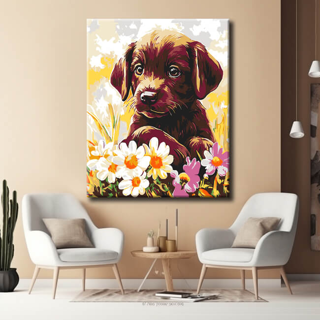 Malen nach Zahlen Hund im Blumenfeld