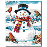 Malen nach Zahlen Bilder SchneeMann mit Vögeln fertig bespannt