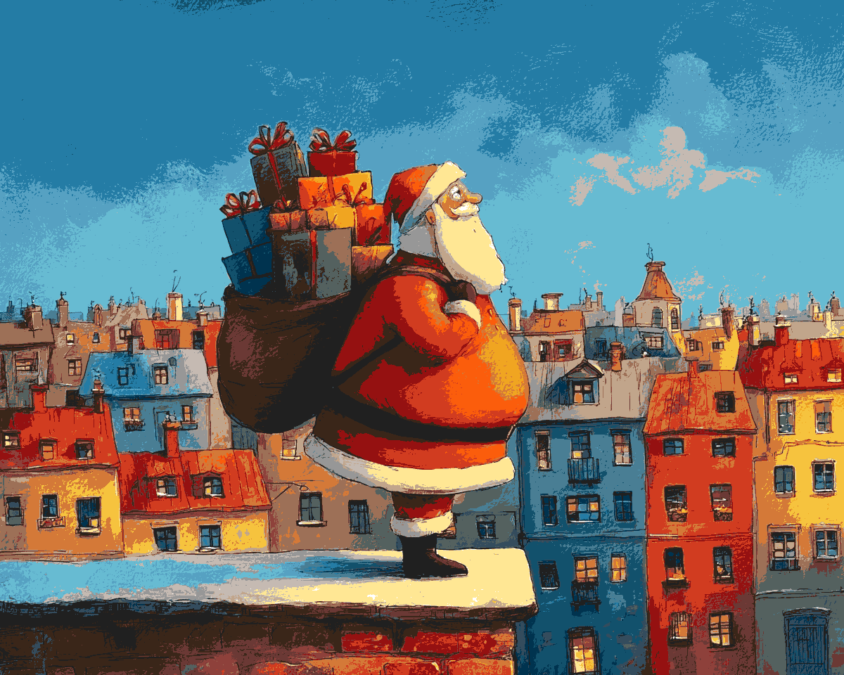 Malen nach Zahlen weihnachten weihnachtsMann mit geschenken auf dem dach