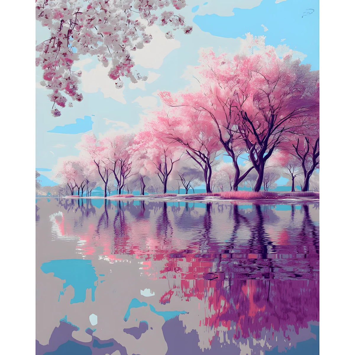 Malen nach Zahlen Bilder Rosa Bäume Spiegelung