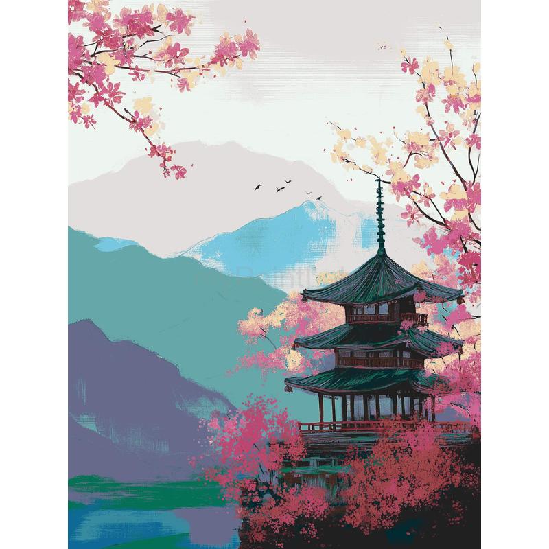 Malen nach Zahlen China Kirschblüte Pagoda Landschaft