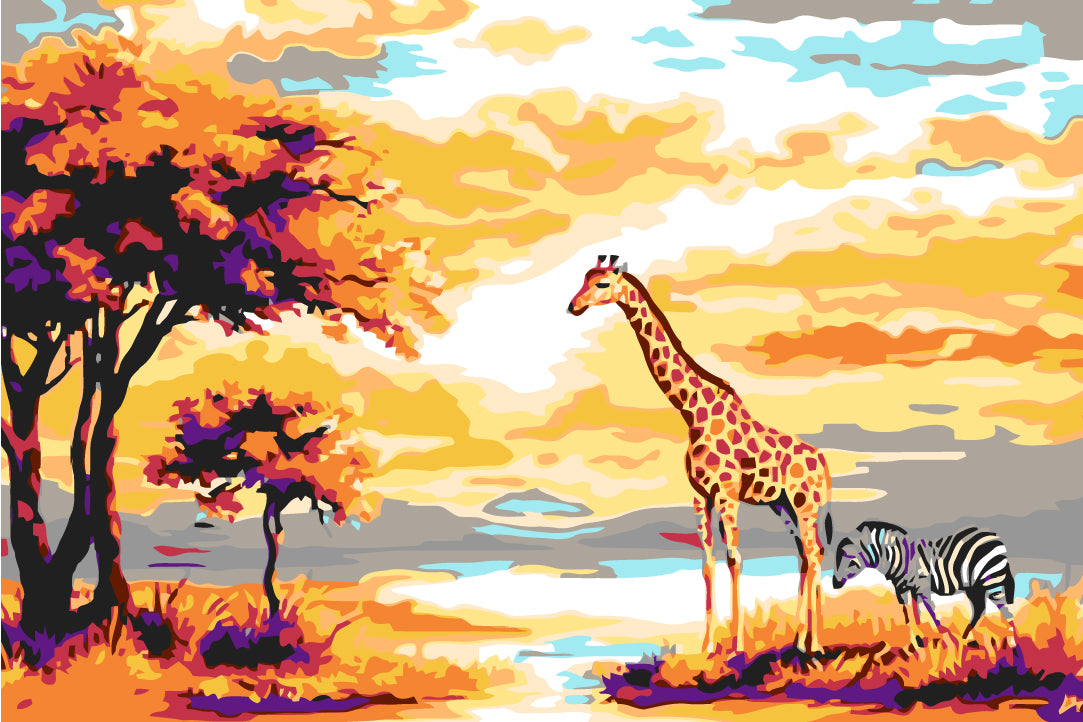 Malen nach Zahlen Giraffe und Zebras