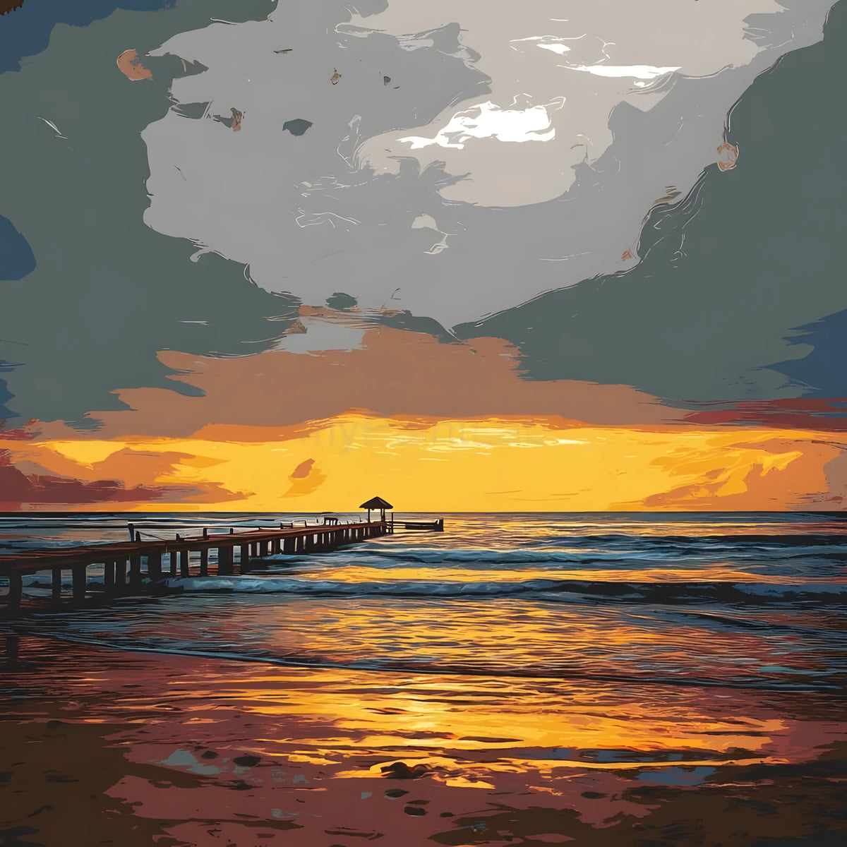 Malen nach Zahlen Sonnenuntergang Strand schwarz weiss