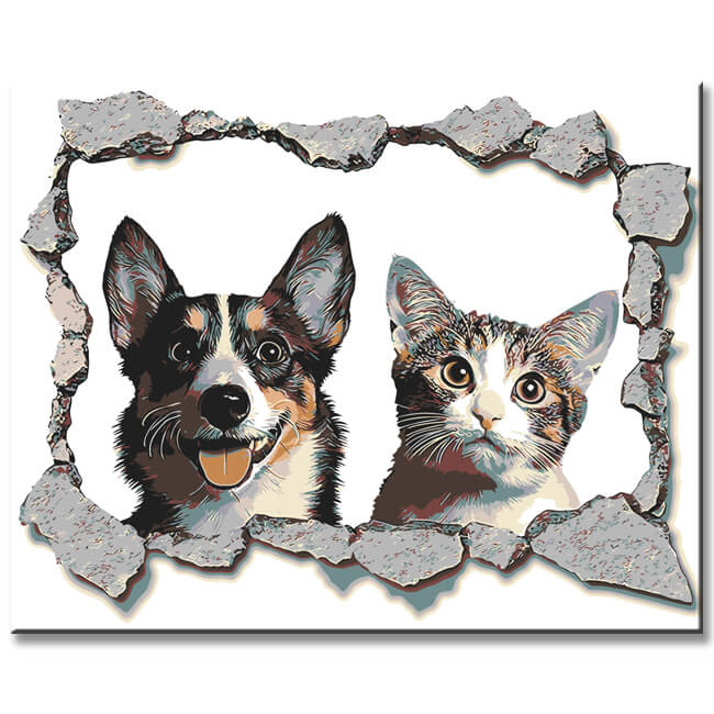 Malen nach Zahlen 3D Kunst Hund und Katze gucken aus der Wand