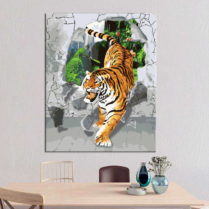 Malen nach Zahlen 3D Kunst Tiger kommt aus der Wand