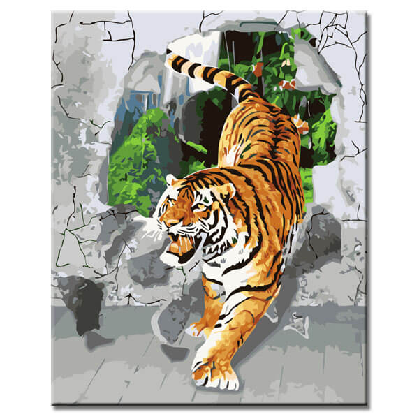 Malen nach Zahlen 3D Kunst Tiger kommt aus der Wand