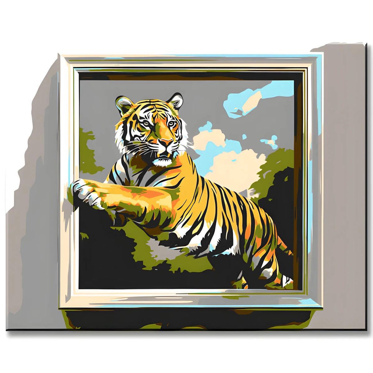 Malen nach Zahlen Kunst 3d Tiger steigt mit einer Pfote aus dem Bild