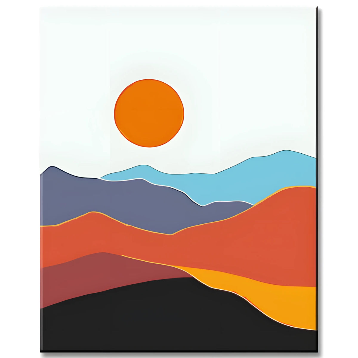 Malen nach Zahlen Kunst Minimalismus Sonne über farbigen Bergen