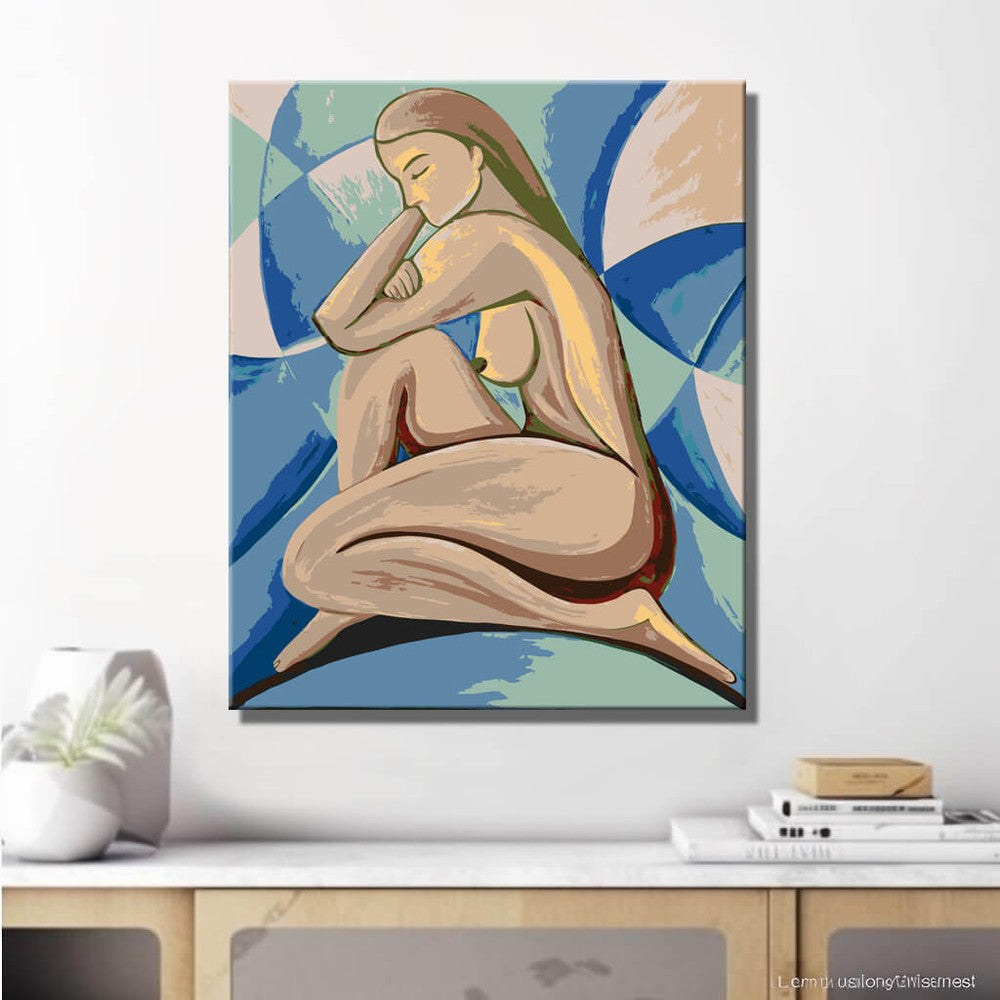 Akt Frau sitzend blau geometrisch modern DIY Kunst Deko modernes Wandbild